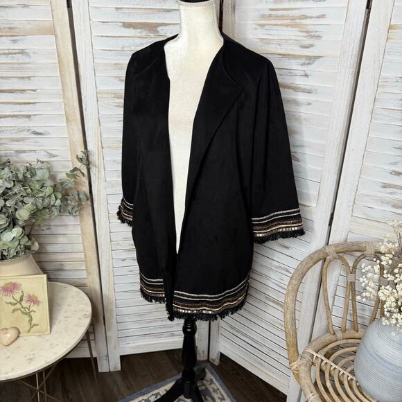 ZARA Women's L Combination Faux Suede Embroidered Jacket Boho Western Black - Picture 6 of 16